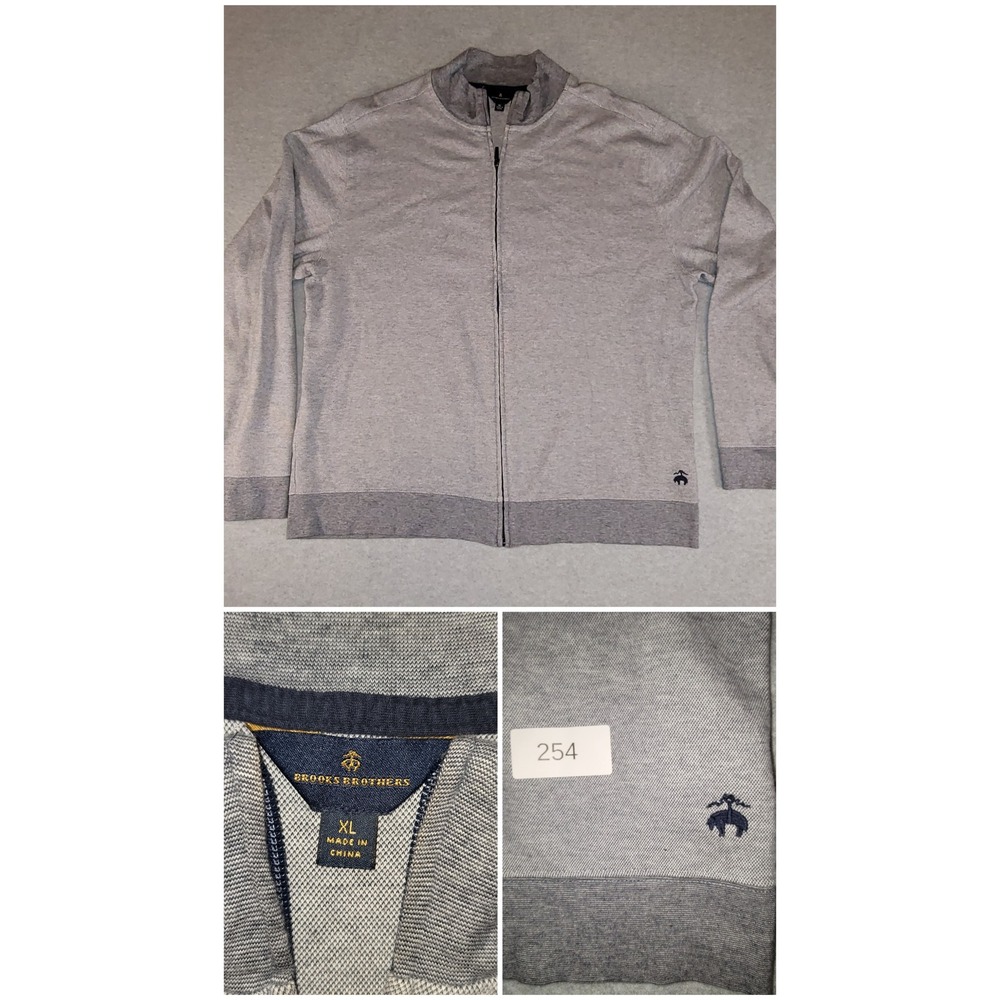 Brooks Brothers Mens XL Grey Full Zip Pique Cotton Mock Neck Sweater Jacket